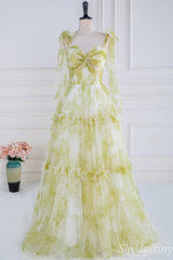 Yellow Print Twisted Knot Ruffle A-Line Long Prom Dress