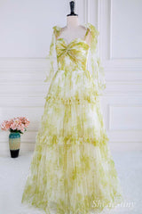 Yellow Print Twisted Knot Ruffle A-Line Long Prom Dress