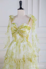 Yellow Print Twisted Knot Ruffle A-Line Long Prom Dress