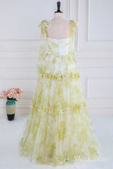 Yellow Print Twisted Knot Ruffle A-Line Long Prom Dress