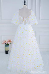 Daisy Print Square Neck Puff Sleeve A-Line Long Prom Dress