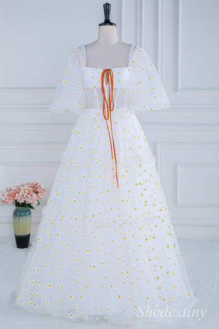 Daisy Print Square Neck Puff Sleeve A-Line Long Prom Dress