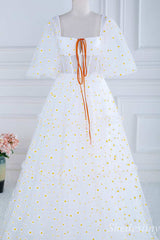 Daisy Print Square Neck Puff Sleeve A-Line Long Prom Dress