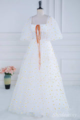 Daisy Print Square Neck Puff Sleeve A-Line Long Prom Dress