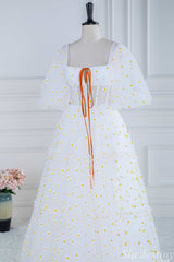 Daisy Print Square Neck Puff Sleeve A-Line Long Prom Dress