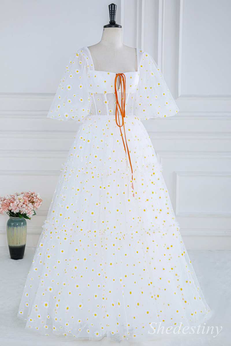 Daisy Print Square Neck Puff Sleeve A-Line Long Prom Dress