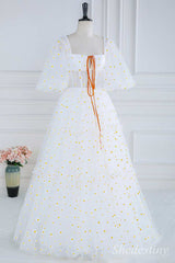 Daisy Print Square Neck Puff Sleeve A-Line Long Prom Dress