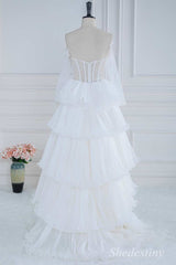 White Pearls Strapless Ruffle Tiered Long Gown with Sleeves