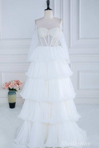 White Pearls Strapless Ruffle Tiered Long Gown with Sleeves