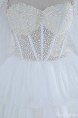 White Pearls Strapless Ruffle Tiered Long Gown with Sleeves