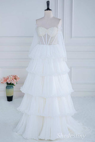 White Pearls Strapless Ruffle Tiered Long Gown with Sleeves