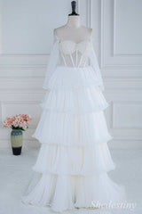 White Pearls Strapless Ruffle Tiered Long Gown with Sleeves