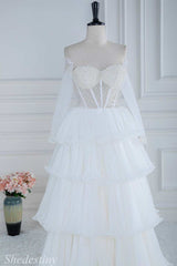 White Pearls Strapless Ruffle Tiered Long Gown with Sleeves