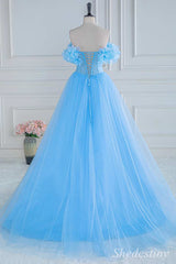 Blue Floral Petal Appliques Off-the-Shoulder A-Line Long Prom Dress with Slit