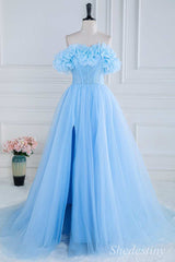 Blue Floral Petal Appliques Off-the-Shoulder A-Line Long Prom Dress with Slit