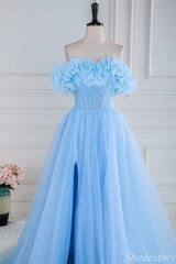 Blue Floral Petal Appliques Off-the-Shoulder A-Line Long Prom Dress with Slit