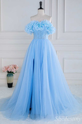 Blue Floral Petal Appliques Strapless A-Line Long Prom Dress with Slit