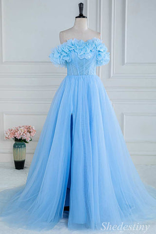 Blue Floral Petal Appliques Off-the-Shoulder A-Line Long Prom Dress with Slit