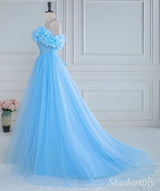 Blue Floral Petal Appliques Off-the-Shoulder A-Line Long Prom Dress with Slit