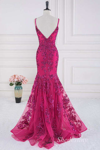 Magenta Sequin Appliques Plunge V Trumpet Long Formal Dress