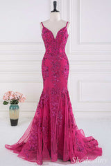 Magenta Sequin Appliques Plunge V Trumpet Long Formal Dress