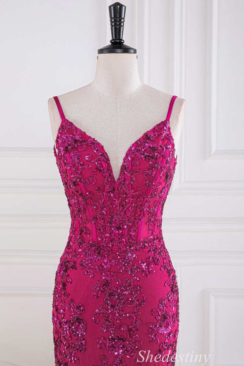 Magenta Sequin Appliques Plunge V Trumpet Long Formal Dress