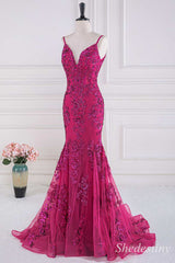 Magenta Sequin Appliques Plunge V Trumpet Long Formal Dress