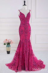 Magenta Sequin Appliques Plunge V Trumpet Long Formal Dress