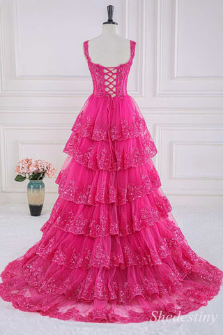 Fuchsia Tulle Sequin Sweetheart Ruffle Tiered A-Line Prom Dress