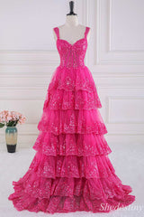 Fuchsia Tulle Sequin Sweetheart Ruffle Tiered A-Line Prom Dress