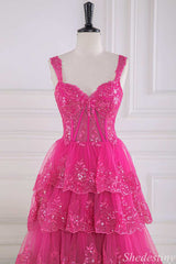 Fuchsia Tulle Sequin Sweetheart Ruffle Tiered A-Line Prom Dress