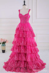 Fuchsia Tulle Sequin Sweetheart Ruffle Tiered A-Line Prom Dress