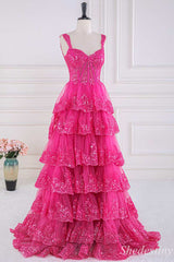 Fuchsia Tulle Sequin Sweetheart Ruffle Tiered A-Line Prom Dress