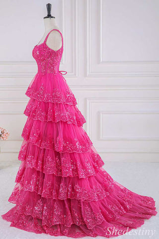 Fuchsia Tulle Sequin Sweetheart Ruffle Tiered A-Line Prom Dress