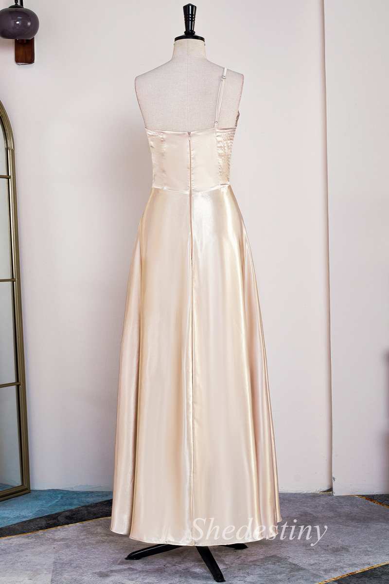 Champagne One-Shoulder A-Line Long Bridesmaid Dress