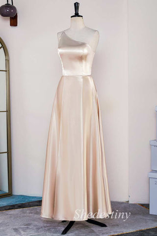 Champagne One-Shoulder A-Line Long Bridesmaid Dress