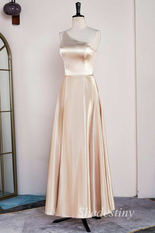 Champagne One-Shoulder A-Line Long Bridesmaid Dress