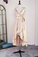 Champagne Surplice Ruffle High-Low Formal Dress