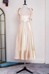 Champagne Bow Strap Ruffle A-Line Long Dress