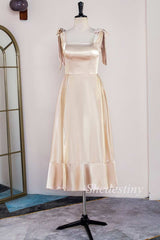 Champagne Bow Strap Ruffle A-Line Long Dress