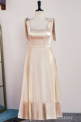 Champagne Bow Strap Ruffle A-Line Long Dress