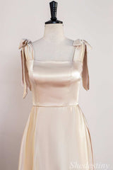 Champagne Bow Strap Ruffle A-Line Long Dress