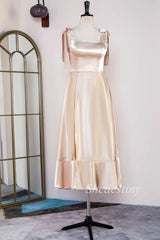 Champagne Bow Strap Ruffle A-Line Long Dress