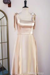 Champagne Bow Strap Ruffle A-Line Long Dress