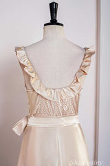 Champagne Round Neck Ruffle A-Line Long Dress