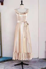 Champagne Round Neck Ruffle A-Line Long Dress