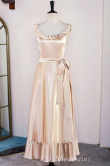 Champagne Round Neck Ruffle A-Line Long Dress