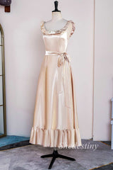 Champagne Round Neck Ruffle A-Line Long Dress