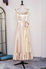 Champagne Round Neck Ruffle A-Line Long Dress