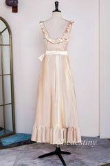 Champagne Round Neck Ruffle A-Line Long Dress